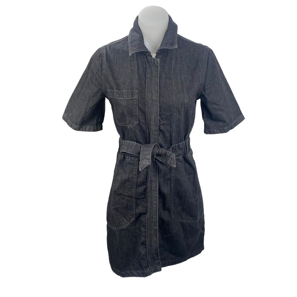 French Connection Black Short Sleeve Full Zip Belted Denim Jean Shirt Dress Sz 2